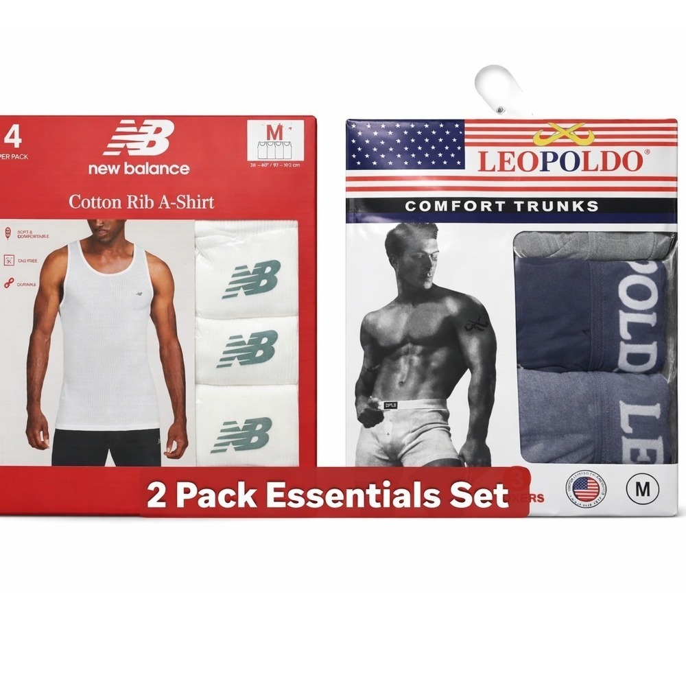 New Balance Men White A-Shirt 4pk & Leopoldo Comfort Trunks 3pk Bundle Size M